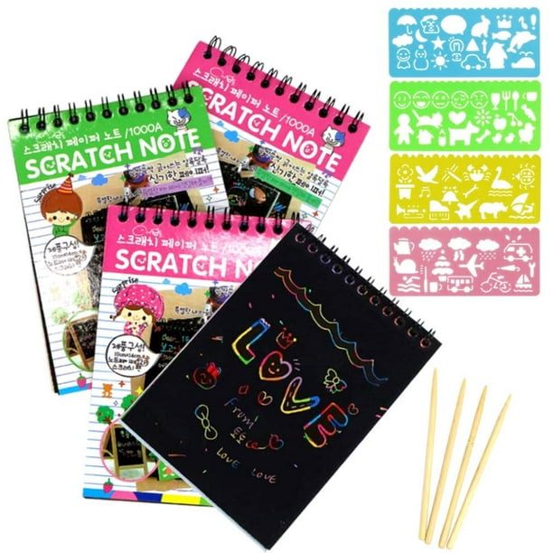 16 Pack Scratch Note Pads Scratch Art Notebooks Rainbow Scratch Paper with 4 Drawing Stencils for Kids Arts and Crafts Perfect Travel Activity or Gift for Girls Boys Teens